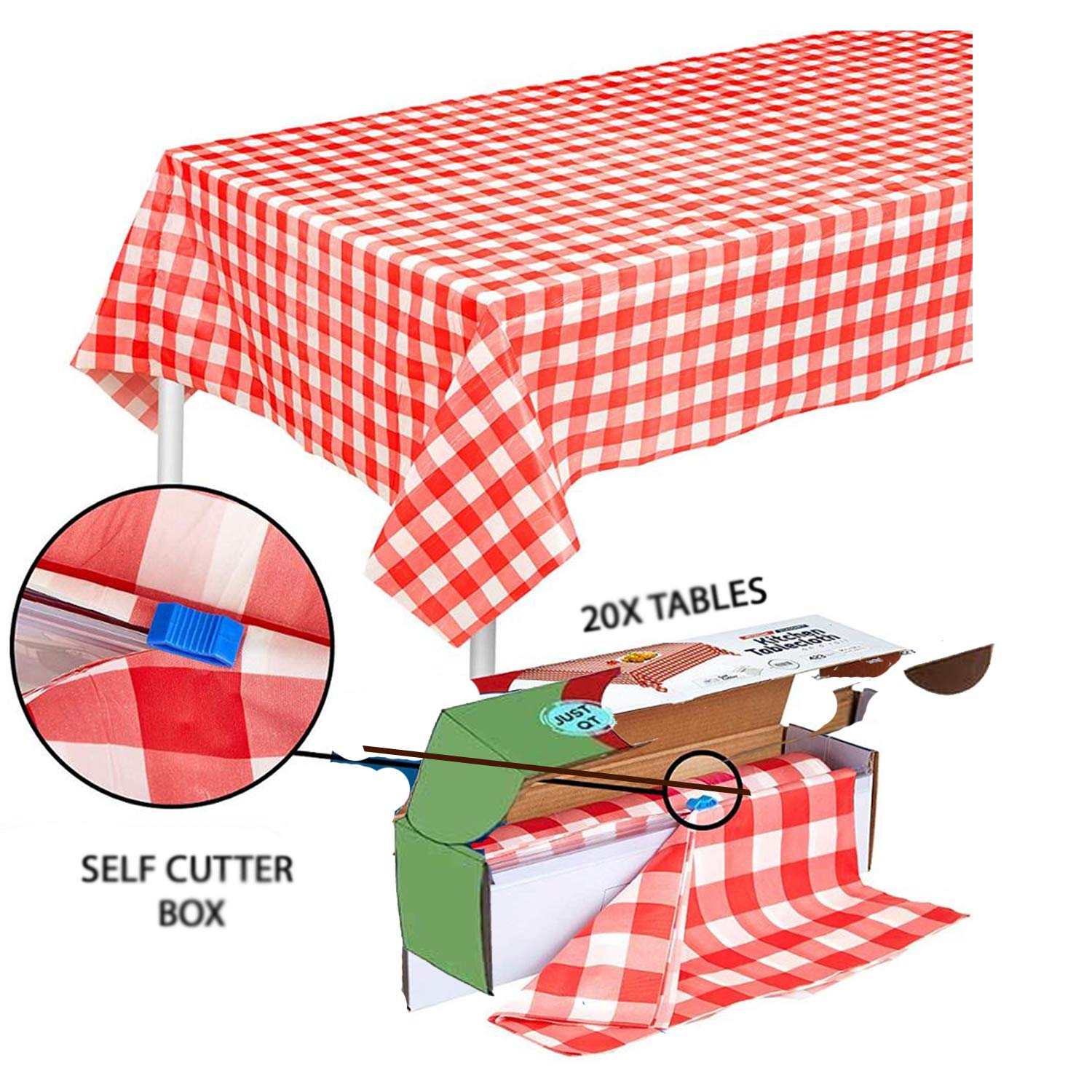 Red Gingham Checkered Table Cloth - Self Cutter Picnic Durable Table Cover Plastic, Tablecloth Rectangle Roll 54 Inch X 100 Feet | Water Resistant Thin Disposable Outdoor Tablecloth