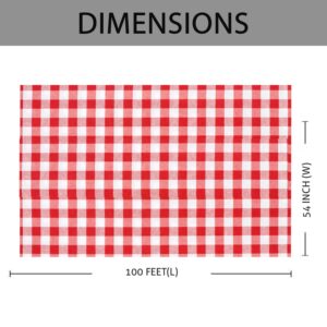 Red Gingham Checkered Table Cloth - Self Cutter Picnic Durable Table Cover Plastic, Tablecloth Rectangle Roll 54 Inch X 100 Feet | Water Resistant Thin Disposable Outdoor Tablecloth