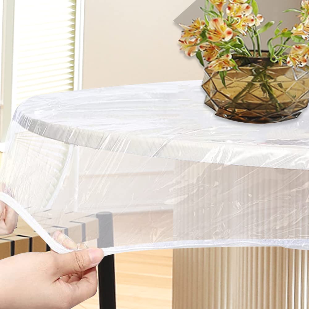 TWUTGAYW 40-44 in Duty Vinyl Round Tablecloth, PVC Elastic Edged Table Cover, Plastic Clear Tablecloth Protector for Round Table Durable Reusable Transparent Wipeable Use in Outdoor/Indoor(Clear)