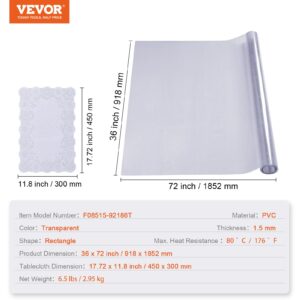 VEVOR Clear Table Cover Protector, 36" x 72" Rectangle Table Cover, 1.5 mm Thick PVC Plastic Tablecloth, Waterproof Desktop Protector for Writing Desk, Coffee Table, Dining Room Table