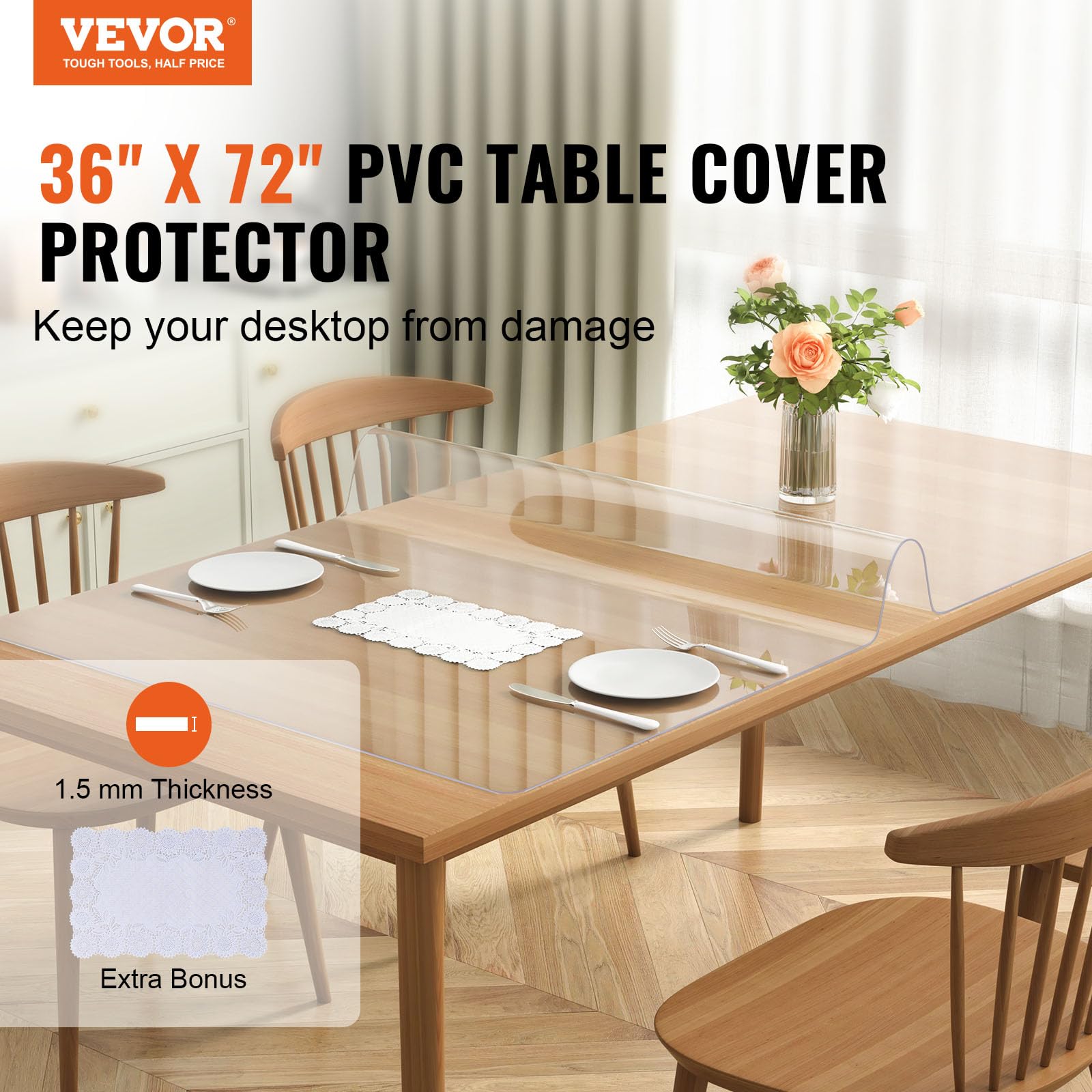 VEVOR Clear Table Cover Protector, 36" x 72" Rectangle Table Cover, 1.5 mm Thick PVC Plastic Tablecloth, Waterproof Desktop Protector for Writing Desk, Coffee Table, Dining Room Table