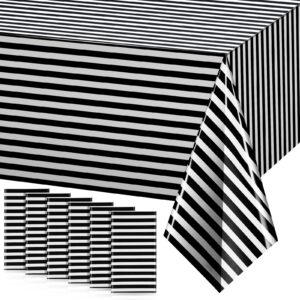 6 Pieces Plastic Black and White Stripe Tablecloth, 54 x 108 Inch Geometric Stripe Waterproof Table Cover, Disposable Rectangle Table Cloth for Kitchen Dining Room Holiday Party Picnic Decoration