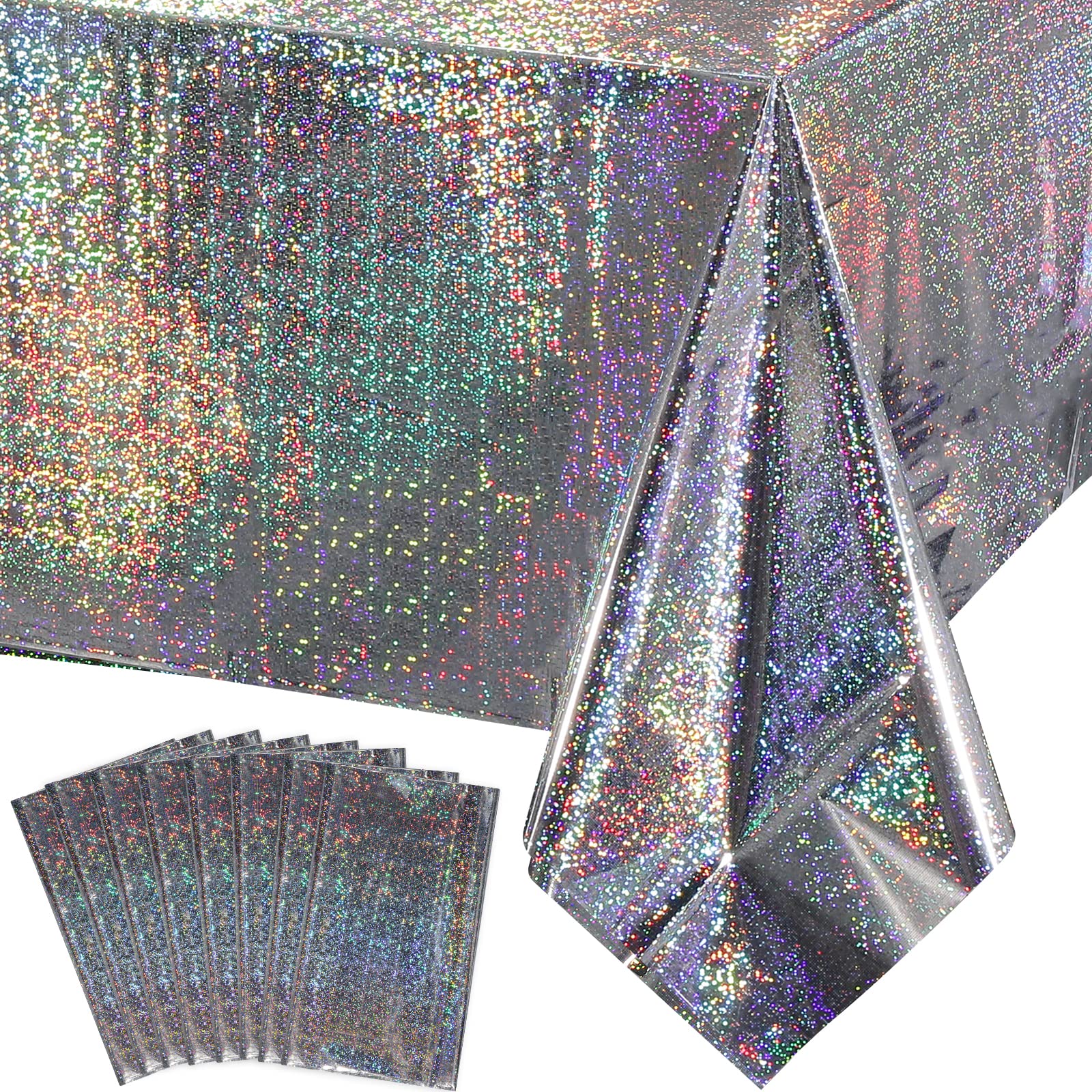 FunnyPars 8 Pack Iridescent Plastic Tablecloths Shiny Disposable Laser Rectangle Table Covers Holographic Foil Tablecloth Iridescent Party Decoration