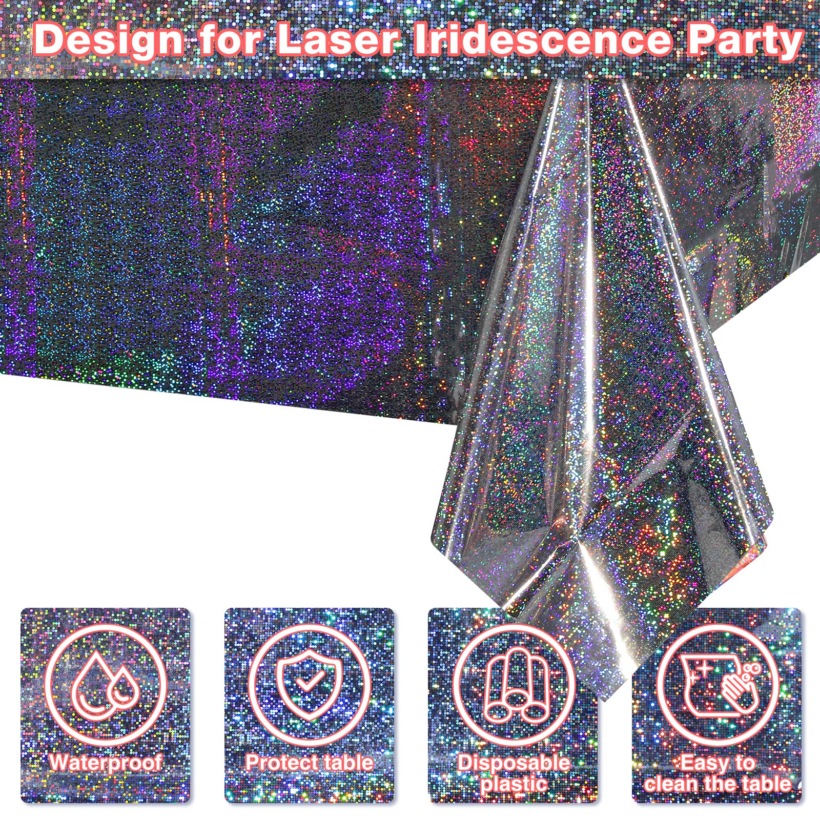 FunnyPars 8 Pack Iridescent Plastic Tablecloths Shiny Disposable Laser Rectangle Table Covers Holographic Foil Tablecloth Iridescent Party Decoration