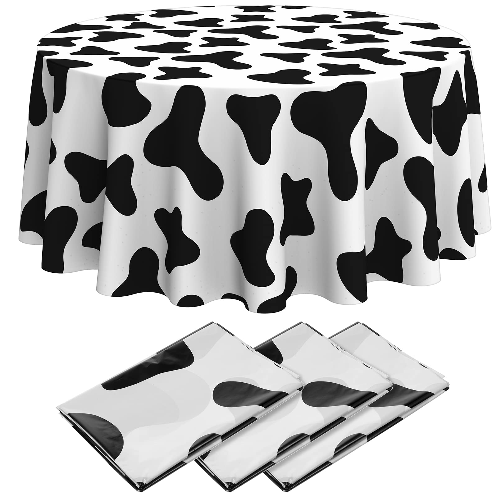 Cow Print Tablecloth Round Tablecloth, 84 Inch Plastic Washable Table Cloth Disposable Stain Resistant Table Cover for Picnic Camping Western Party Kitchen Dining Table Decorations (3 Pcs)