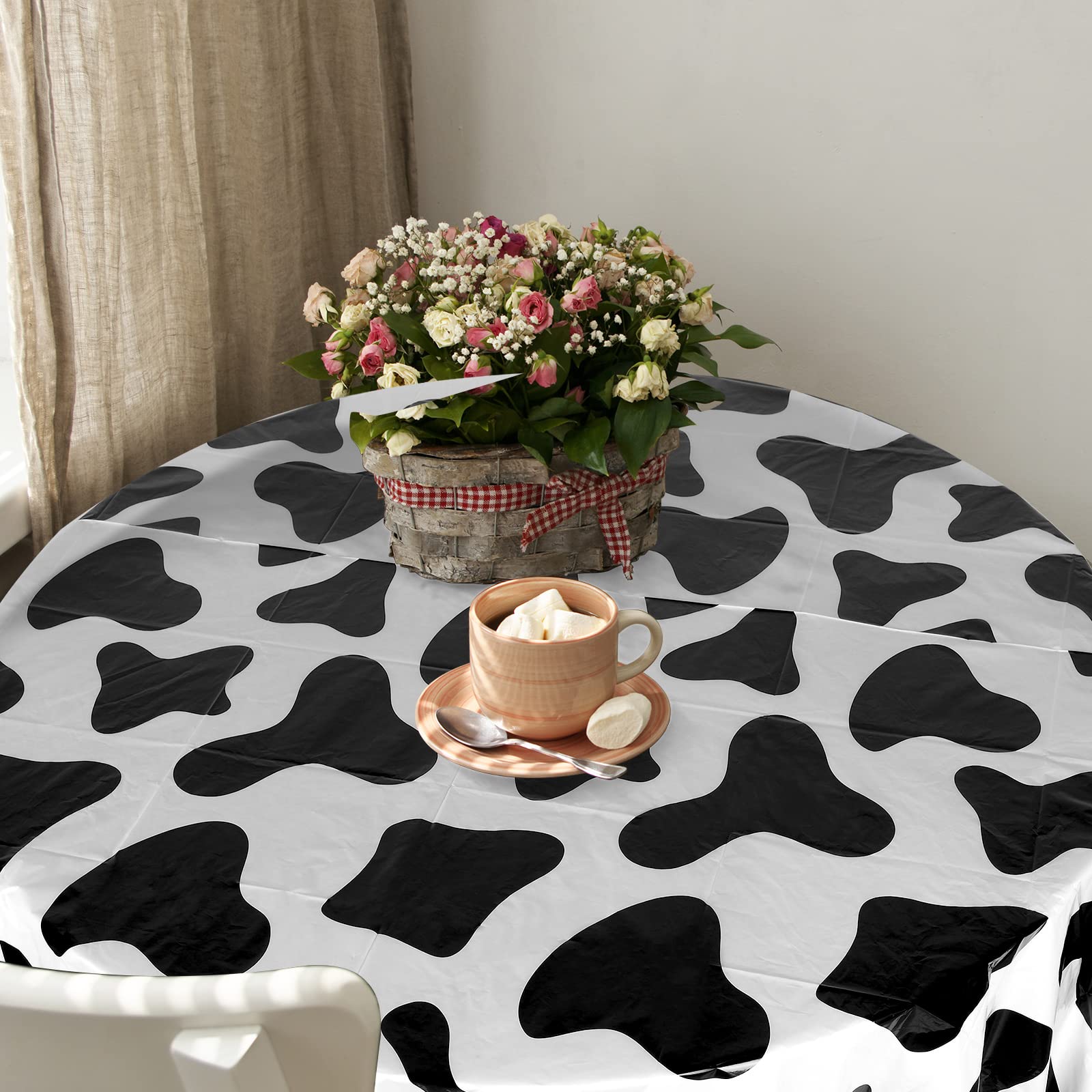 Cow Print Tablecloth Round Tablecloth, 84 Inch Plastic Washable Table Cloth Disposable Stain Resistant Table Cover for Picnic Camping Western Party Kitchen Dining Table Decorations (3 Pcs)