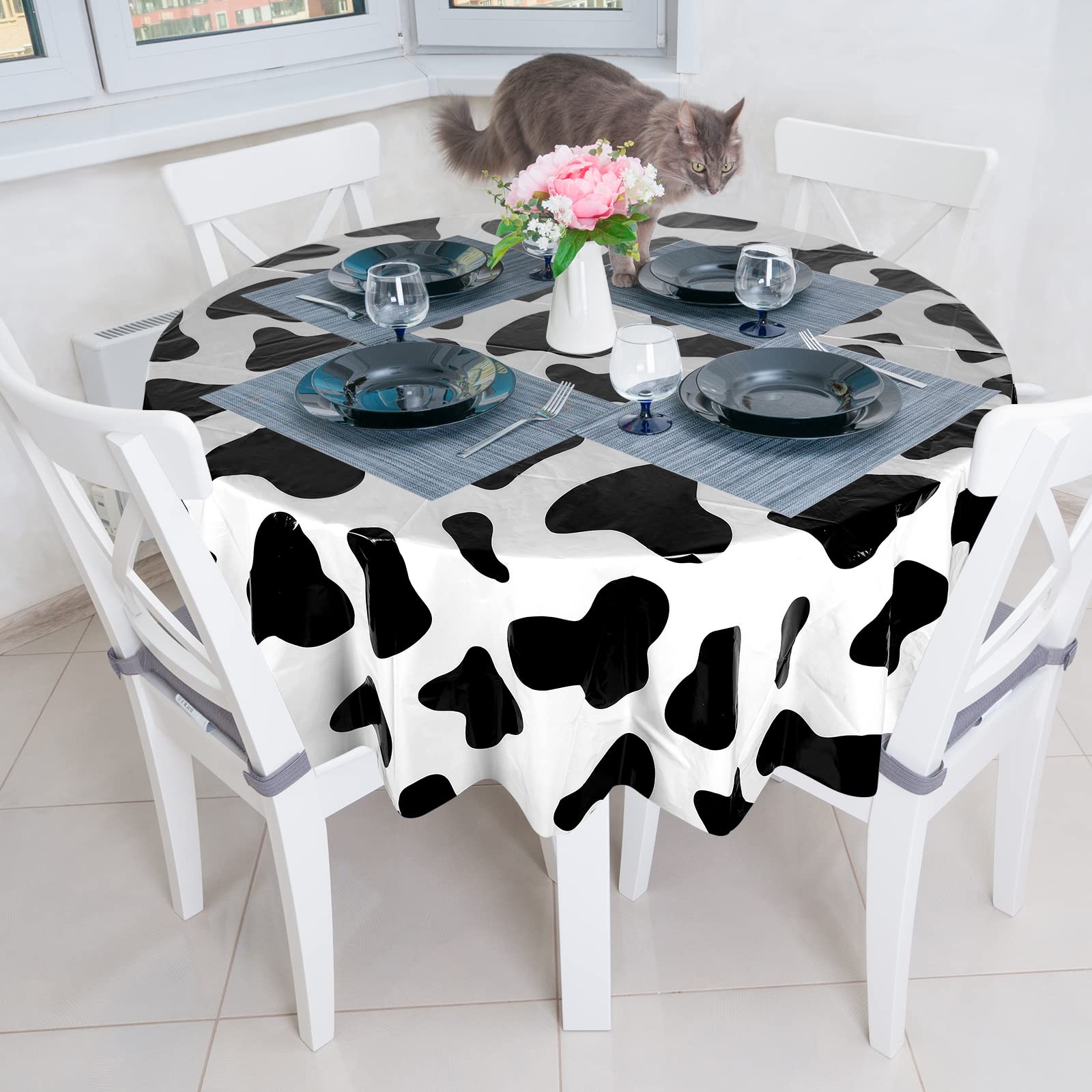 Cow Print Tablecloth Round Tablecloth, 84 Inch Plastic Washable Table Cloth Disposable Stain Resistant Table Cover for Picnic Camping Western Party Kitchen Dining Table Decorations (3 Pcs)