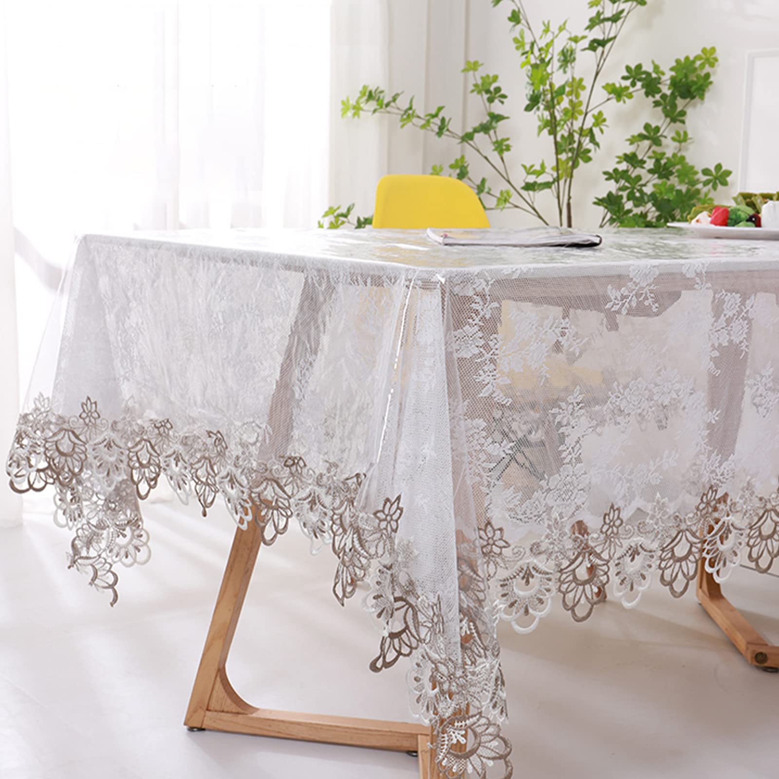 Fhberni Clear Plastic Rectangle Tablecloth Waterproof Vinyl PVC Tablecloth Embroidered Lace Edge Transparent Table Cover for Kitchen Outdoor and Indoor Uses-50x70 inch, Floral 1