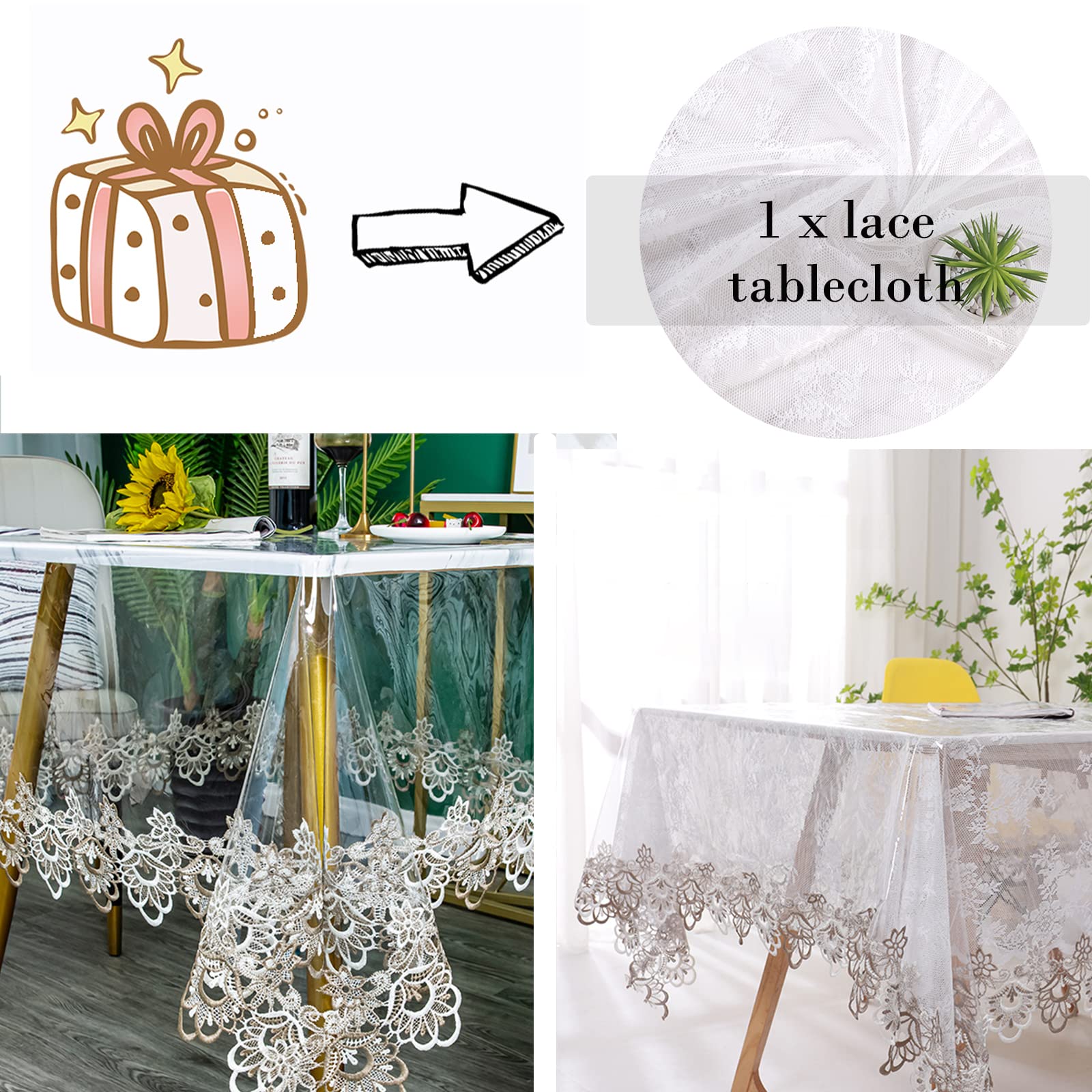 Fhberni Clear Plastic Rectangle Tablecloth Waterproof Vinyl PVC Tablecloth Embroidered Lace Edge Transparent Table Cover for Kitchen Outdoor and Indoor Uses-50x70 inch, Floral 1