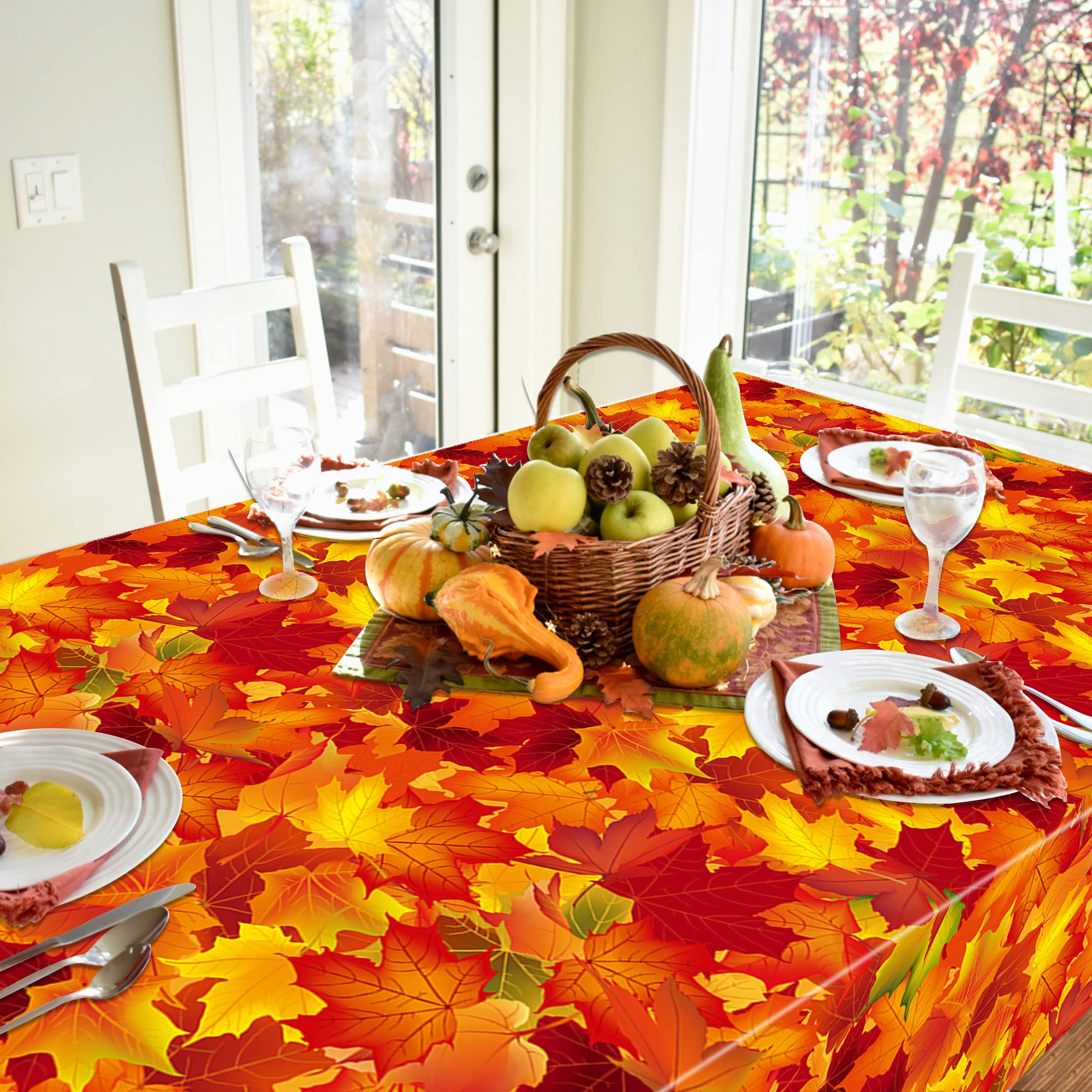 2 Pack Fall Tablecloth Maple Leaf Plastic Table Cover Autumn Leaves Disposable Party Tablecloths Thanksgiving Rectangle Table Covers for Harvest Holiday Party Farmhouse Kitchen Decor, 54" x 108"