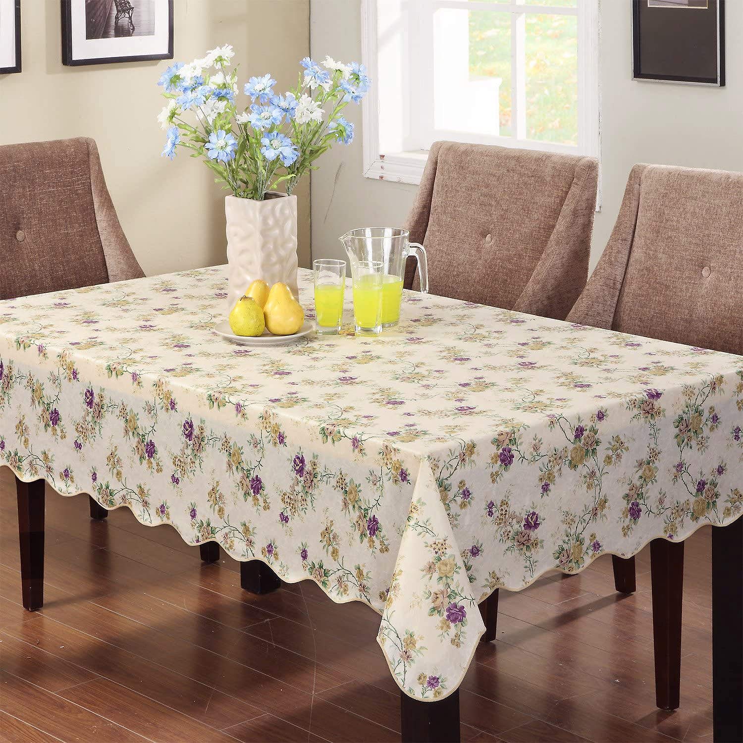 Water Resistant Vintage Floral Tablecloth Square Calico Vinyl with Flannel Backing Reusable Plastic Table Cover for Home Kitchen Fiesta 60x60 Inch