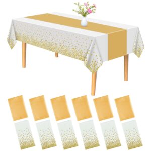 plulon 12pack plastic tablecloth and satin table runner set white and gold dot rectangle table cover gold satin table runner for wedding birthday baby shower picnic kitchen dinning table decorations