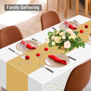 PLULON 12Pack Plastic Tablecloth and Satin Table Runner Set White and Gold Dot Rectangle Table Cover Gold Satin Table Runner for Wedding Birthday Baby Shower Picnic Kitchen Dinning Table Decorations