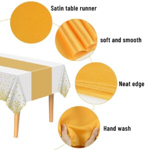 PLULON 12Pack Plastic Tablecloth and Satin Table Runner Set White and Gold Dot Rectangle Table Cover Gold Satin Table Runner for Wedding Birthday Baby Shower Picnic Kitchen Dinning Table Decorations