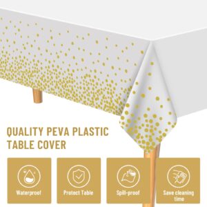 PLULON 12Pack Plastic Tablecloth and Satin Table Runner Set White and Gold Dot Rectangle Table Cover Gold Satin Table Runner for Wedding Birthday Baby Shower Picnic Kitchen Dinning Table Decorations