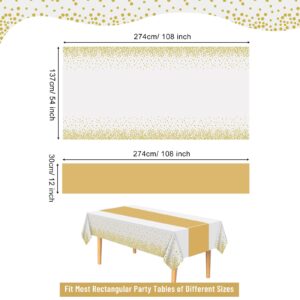 PLULON 12Pack Plastic Tablecloth and Satin Table Runner Set White and Gold Dot Rectangle Table Cover Gold Satin Table Runner for Wedding Birthday Baby Shower Picnic Kitchen Dinning Table Decorations