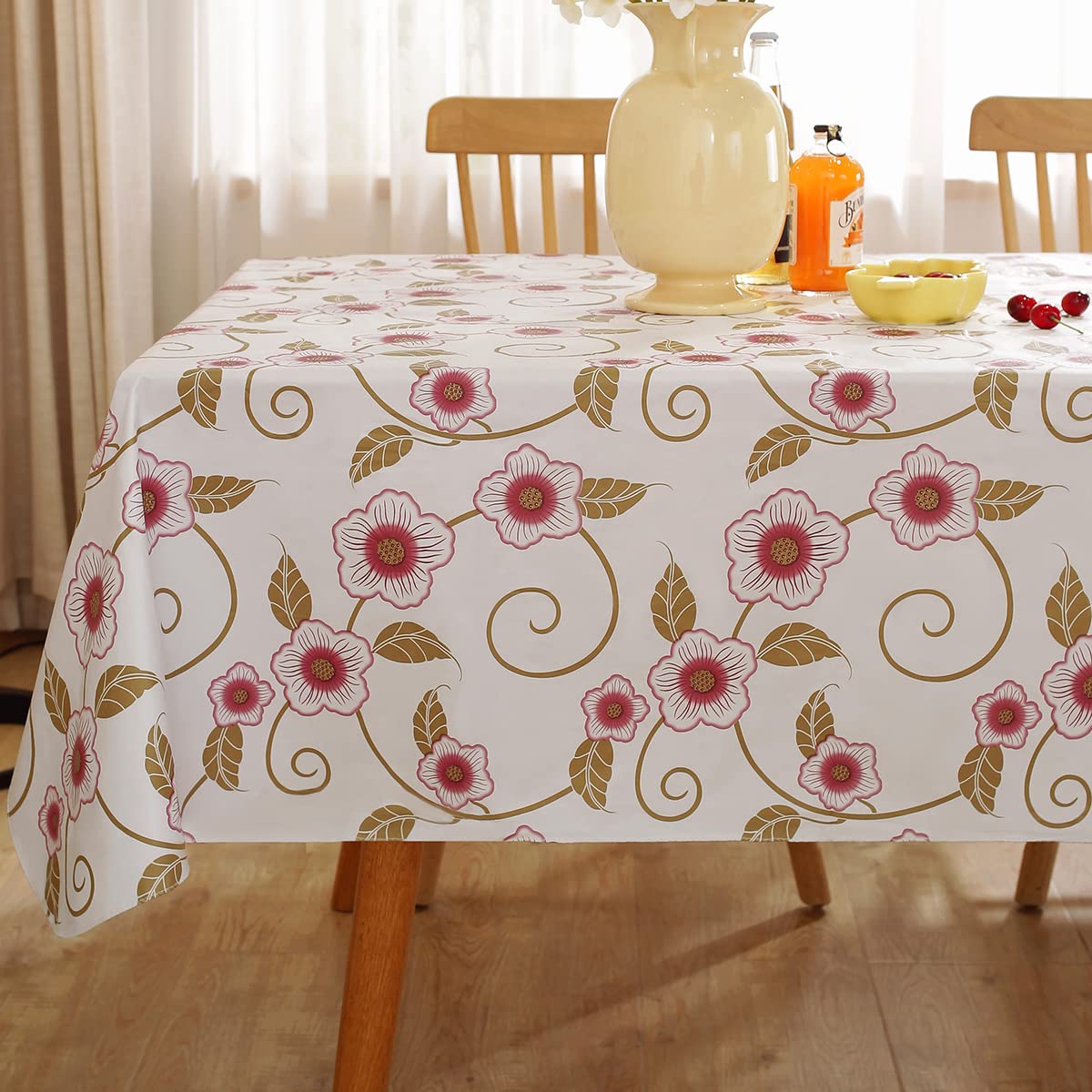 SASTYBALE Vinyl Tablecloth with Flannel Backing Rectangle 60 x 120 Inch, 100% Water & Oil Proof Plastic Tablecloths, Elegant Floral PVC Table Cover for Spring, Summer, Party, Indoor, Outdoor