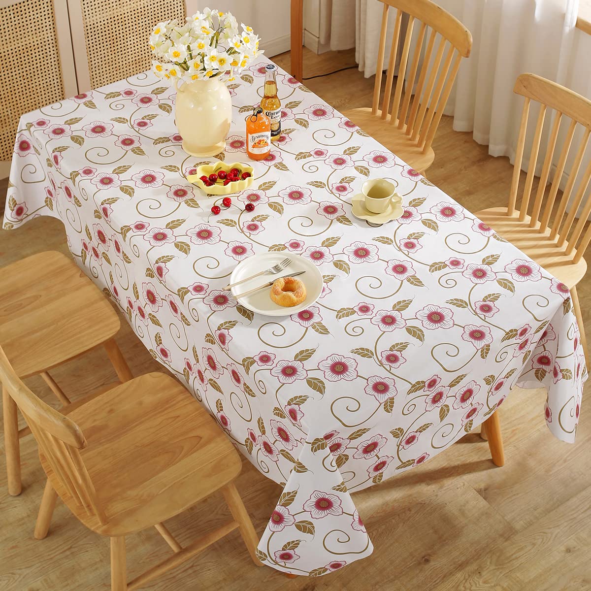 SASTYBALE Vinyl Tablecloth with Flannel Backing Rectangle 60 x 120 Inch, 100% Water & Oil Proof Plastic Tablecloths, Elegant Floral PVC Table Cover for Spring, Summer, Party, Indoor, Outdoor