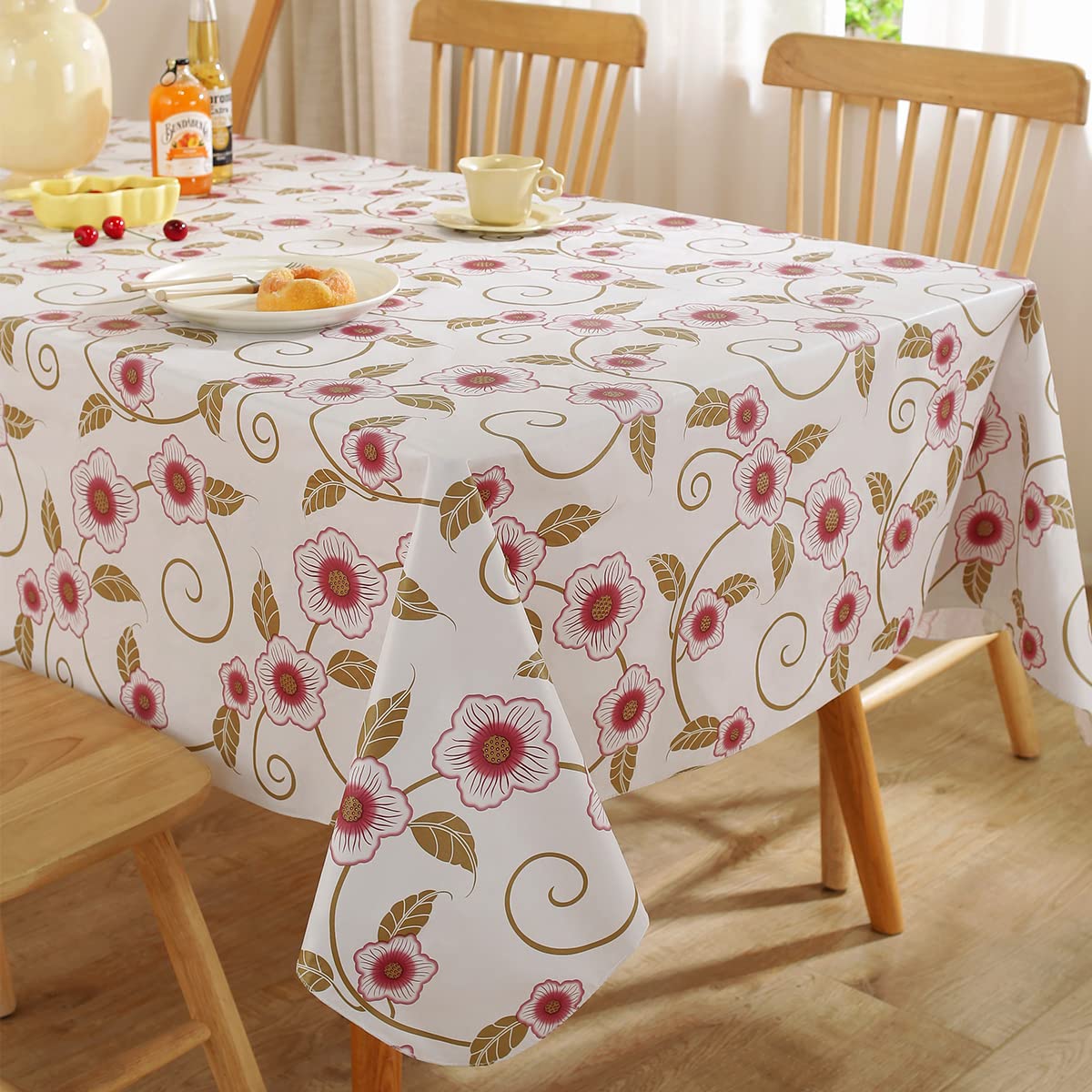 SASTYBALE Vinyl Tablecloth with Flannel Backing Rectangle 60 x 120 Inch, 100% Water & Oil Proof Plastic Tablecloths, Elegant Floral PVC Table Cover for Spring, Summer, Party, Indoor, Outdoor