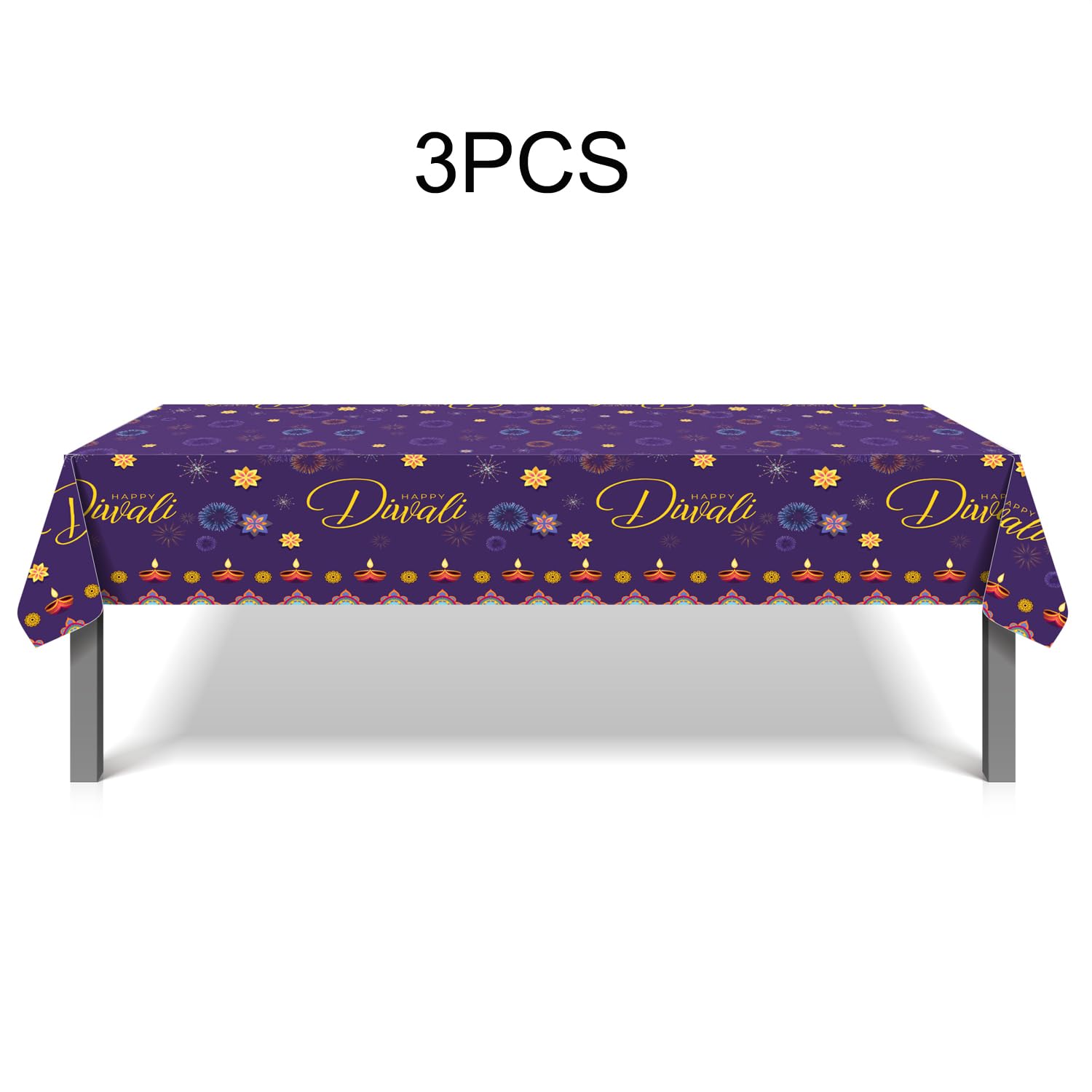 KYMY 3pcs Happy Diwali Table Covers with 86.6" X51.18", India Festival of Lighting Tablecloths, Rectangle Plastic Diwali Tablecovers for India Festival Deepawali Party Kitchen Dining Decoration