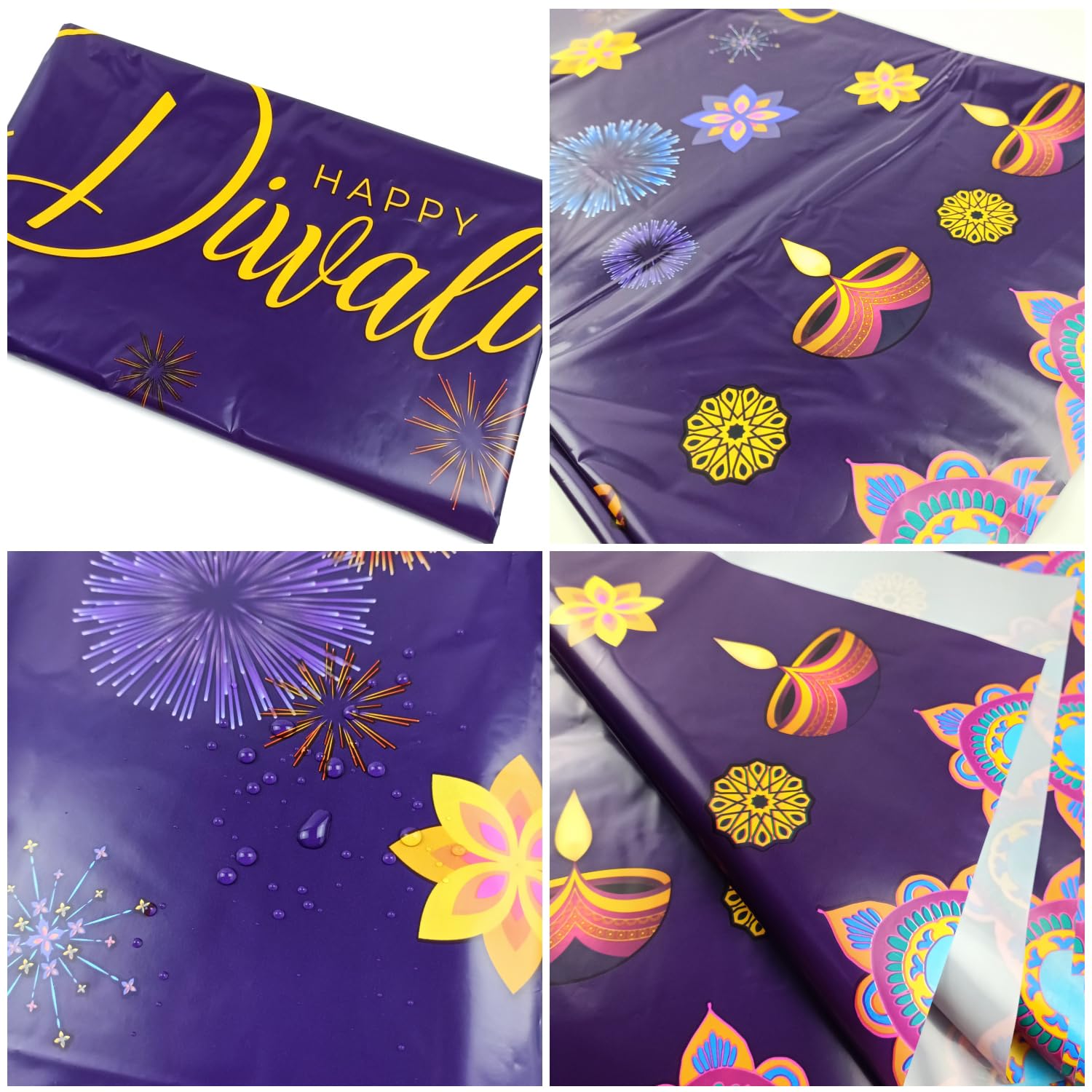 KYMY 3pcs Happy Diwali Table Covers with 86.6" X51.18", India Festival of Lighting Tablecloths, Rectangle Plastic Diwali Tablecovers for India Festival Deepawali Party Kitchen Dining Decoration