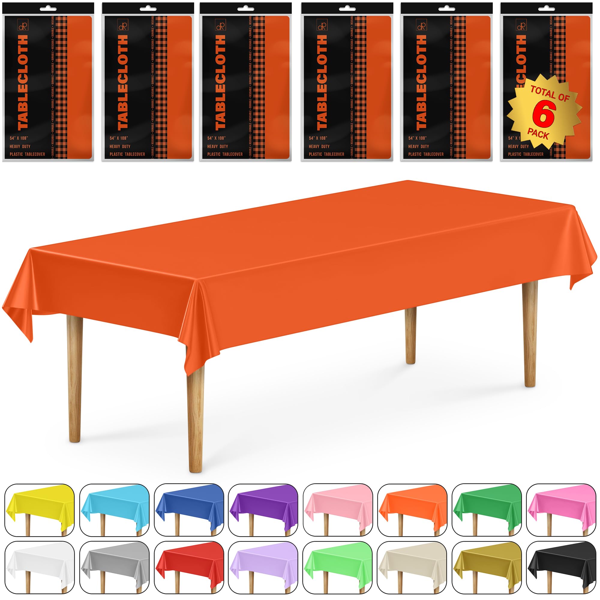 DecorRack 6 Pack Rectangular Tablecloths BPA-Free Plastic, 54 x 108 inch, Dining Table Cover Cloth, Orange (6 Pack)