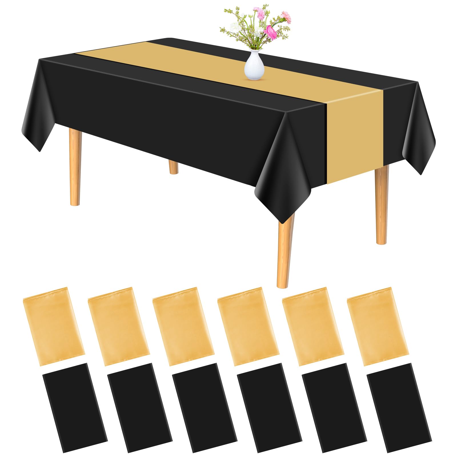 PLULON 12 Pack Plastic Tablecloth and Satin Table Runner Set Black Rectangle Table Cover Gold Table Runner for Wedding Birthday Halloween Graduation Party Picnic Kitchen Dinning Table Decorations