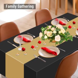 PLULON 12 Pack Plastic Tablecloth and Satin Table Runner Set Black Rectangle Table Cover Gold Table Runner for Wedding Birthday Halloween Graduation Party Picnic Kitchen Dinning Table Decorations