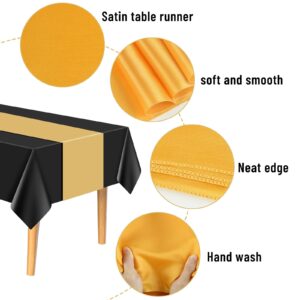 PLULON 12 Pack Plastic Tablecloth and Satin Table Runner Set Black Rectangle Table Cover Gold Table Runner for Wedding Birthday Halloween Graduation Party Picnic Kitchen Dinning Table Decorations