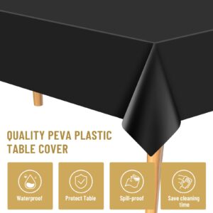 PLULON 12 Pack Plastic Tablecloth and Satin Table Runner Set Black Rectangle Table Cover Gold Table Runner for Wedding Birthday Halloween Graduation Party Picnic Kitchen Dinning Table Decorations