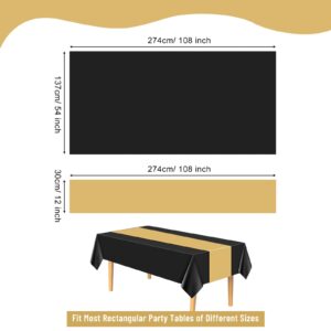 PLULON 12 Pack Plastic Tablecloth and Satin Table Runner Set Black Rectangle Table Cover Gold Table Runner for Wedding Birthday Halloween Graduation Party Picnic Kitchen Dinning Table Decorations