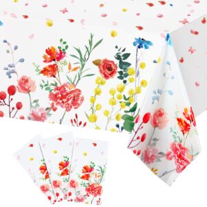 3 Pieces Summer Floral Table Cover Watercolor Wild Flowers Tablecloth Plastic Floral Tablecloth for Easter, Dining Kitchen Room Picnic Camping Party Holiday Decor, 54 x 108 Inch (Bright Style)