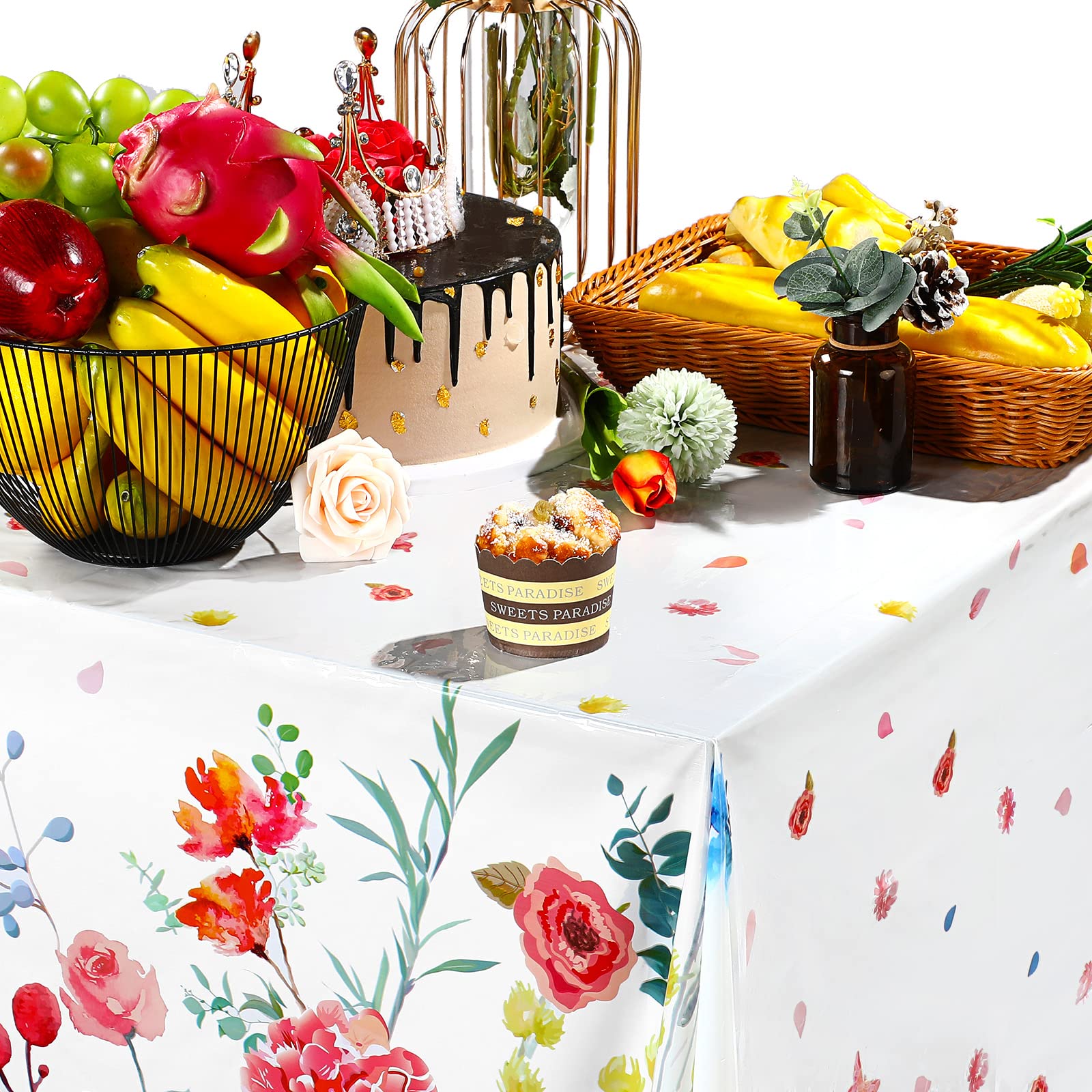 3 Pieces Summer Floral Table Cover Watercolor Wild Flowers Tablecloth Plastic Floral Tablecloth for Easter, Dining Kitchen Room Picnic Camping Party Holiday Decor, 54 x 108 Inch (Bright Style)