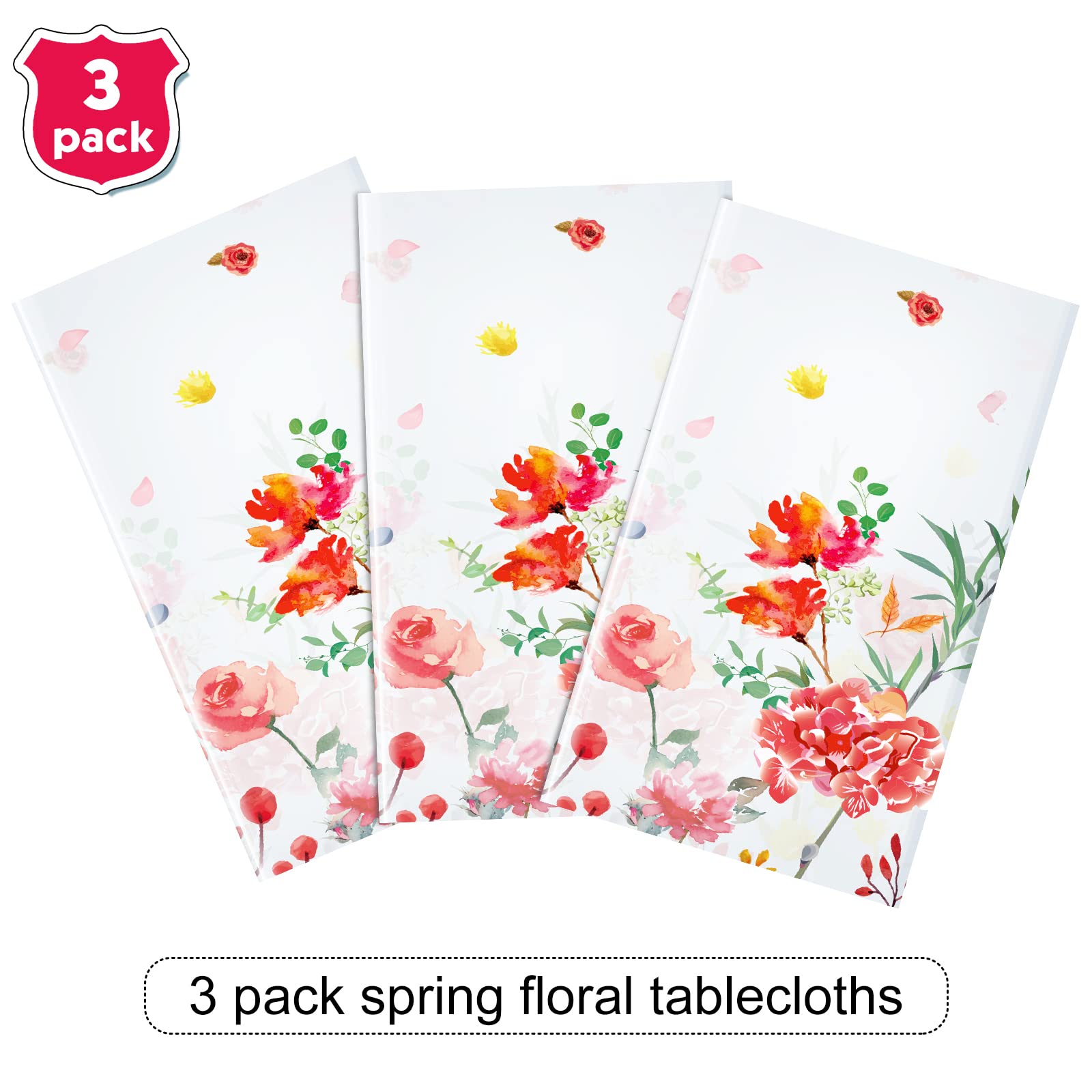 3 Pieces Summer Floral Table Cover Watercolor Wild Flowers Tablecloth Plastic Floral Tablecloth for Easter, Dining Kitchen Room Picnic Camping Party Holiday Decor, 54 x 108 Inch (Bright Style)