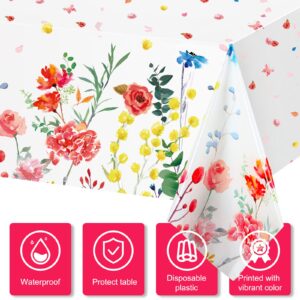 3 Pieces Summer Floral Table Cover Watercolor Wild Flowers Tablecloth Plastic Floral Tablecloth for Easter, Dining Kitchen Room Picnic Camping Party Holiday Decor, 54 x 108 Inch (Bright Style)