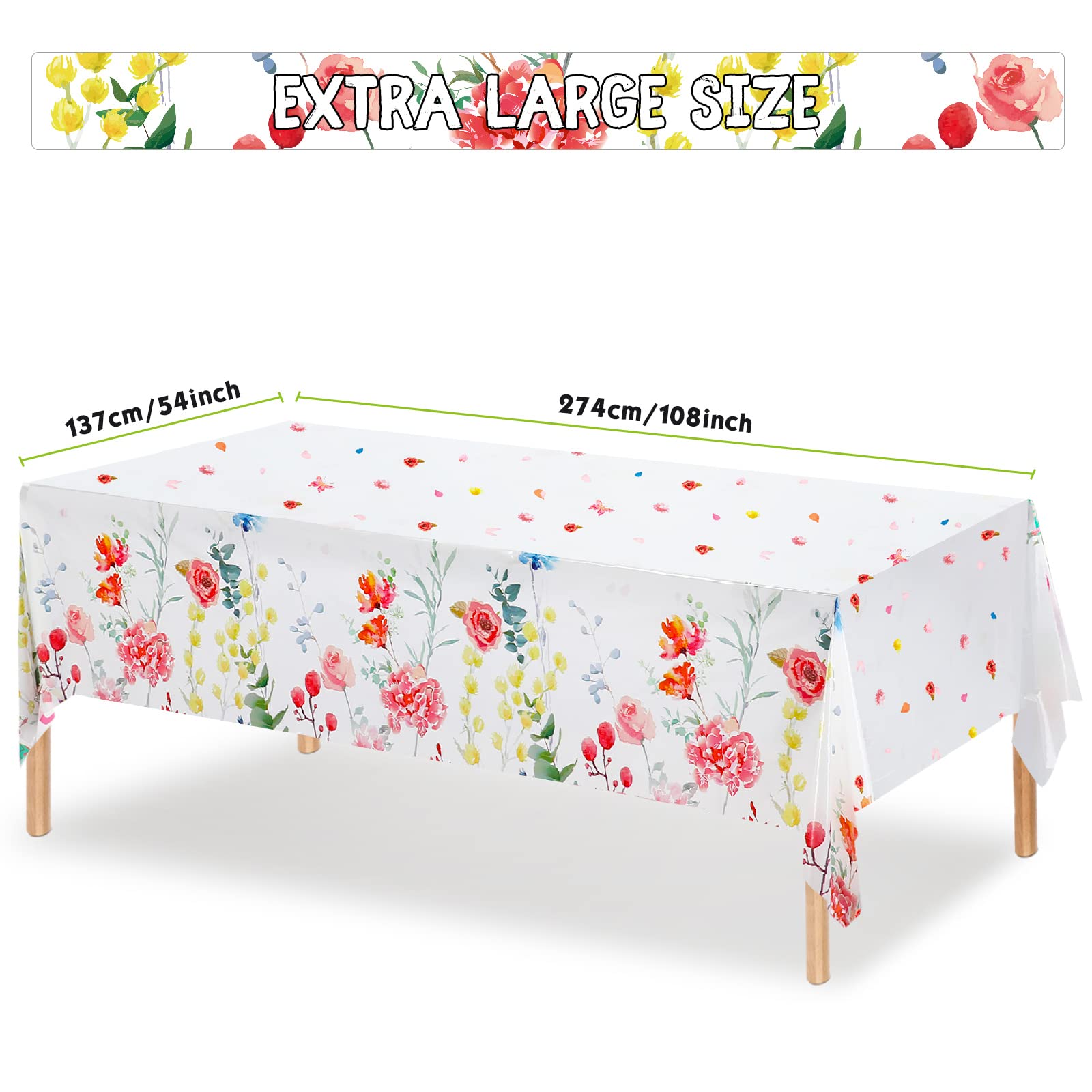 3 Pieces Summer Floral Table Cover Watercolor Wild Flowers Tablecloth Plastic Floral Tablecloth for Easter, Dining Kitchen Room Picnic Camping Party Holiday Decor, 54 x 108 Inch (Bright Style)