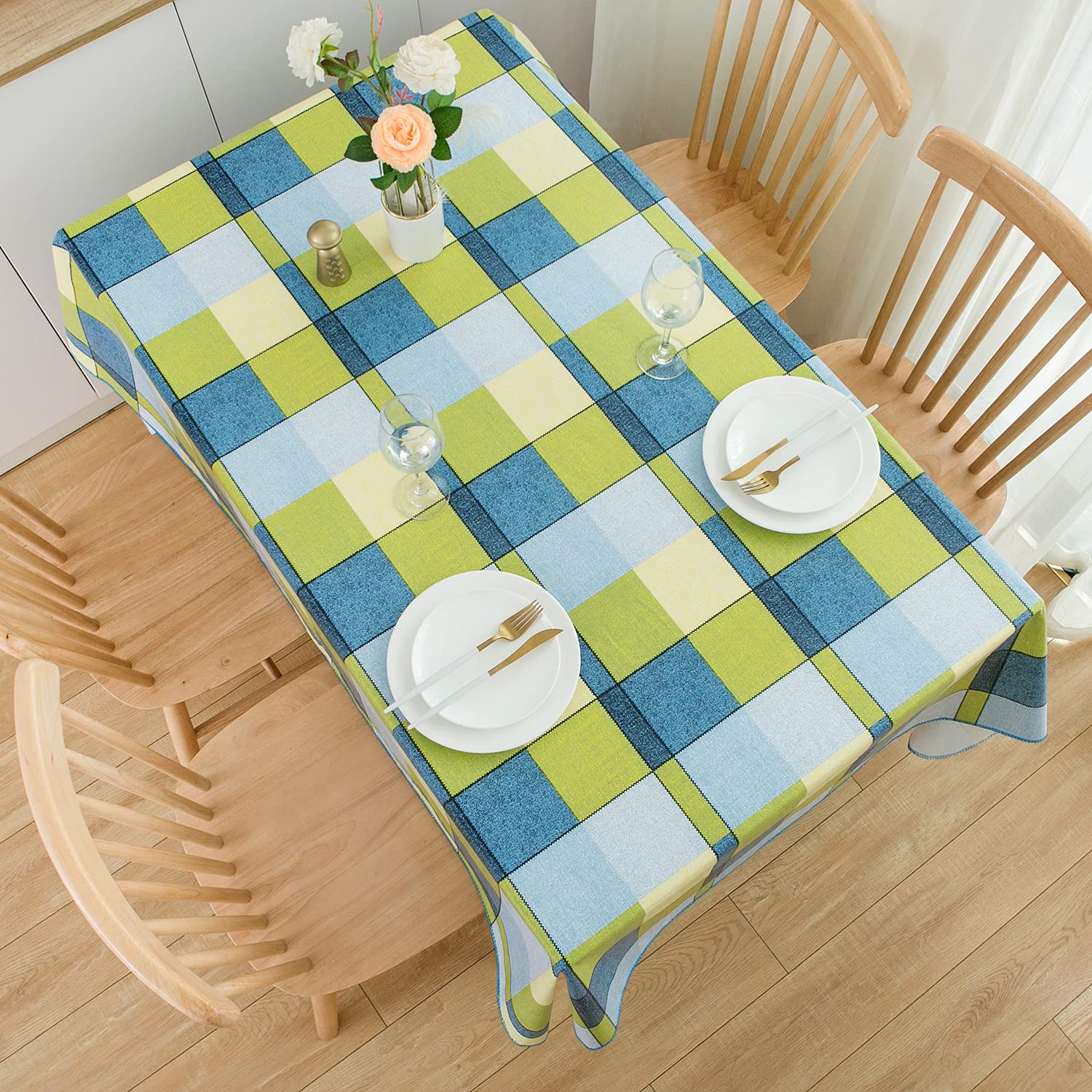 Vinyl Tablecloth with Flannel Backed Waterproof Oil-Proof PVC Table Cloth Wipeable Spill-Proof Plastic Table Cover for Indoor and Outdoor(Morden Checkered, 60 x 102 Inch Rectangle)