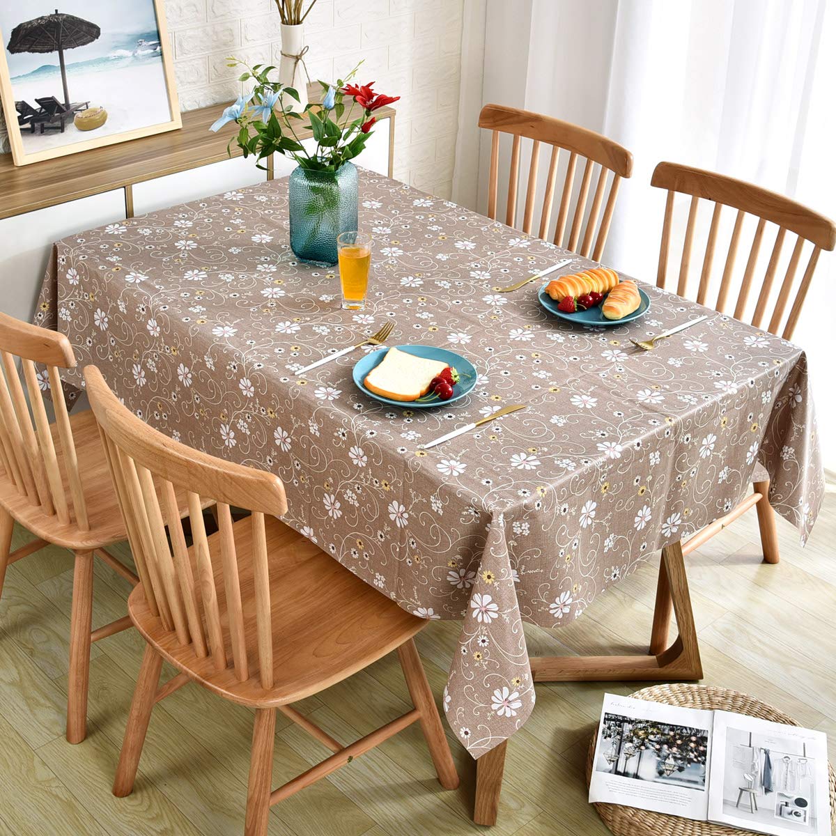 Fall Vinyl Waterproof Tablecloth, Rectangle Plastic PVC Oilcloth Tablecloths Wipeable Table Cloth Cover for 6 Foot Folding Tables, Kitchen, Dining Room Table, Crafting Tan Floral, 54 x 72 Inch