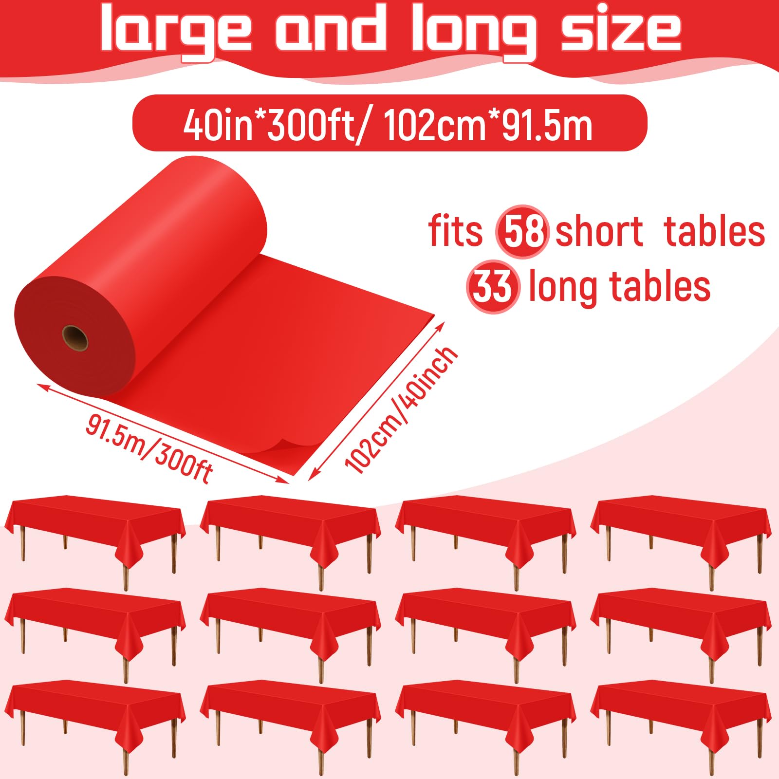 Preboun 2 Pcs Disposable Plastic Table Cover Roll 40 Inch x 300 ft Plastic Tablecloth Roll Banquet Roll for Graduation Picnic Wedding Birthday Carnival Circus Party Table Decorations(Red)