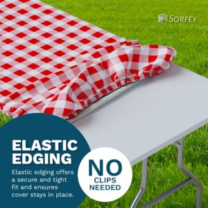 Sorfey Tablecloth -Fitted with Elastic, Vinyl with Flannel Back, Fits for Table 60"x 30" Rectangle,Water Proof, Easy to Clean, Checked Red Design