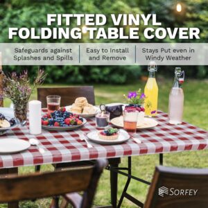 Sorfey Tablecloth -Fitted with Elastic, Vinyl with Flannel Back, Fits for Table 60"x 30" Rectangle,Water Proof, Easy to Clean, Checked Red Design