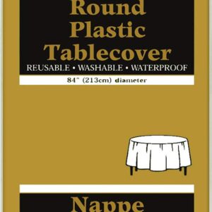 Elegant Gold Solid Round Plastic Table Cover (84")- Premium Waterproof Tablecloth - Perfect For Parties & Events, 1 Pack