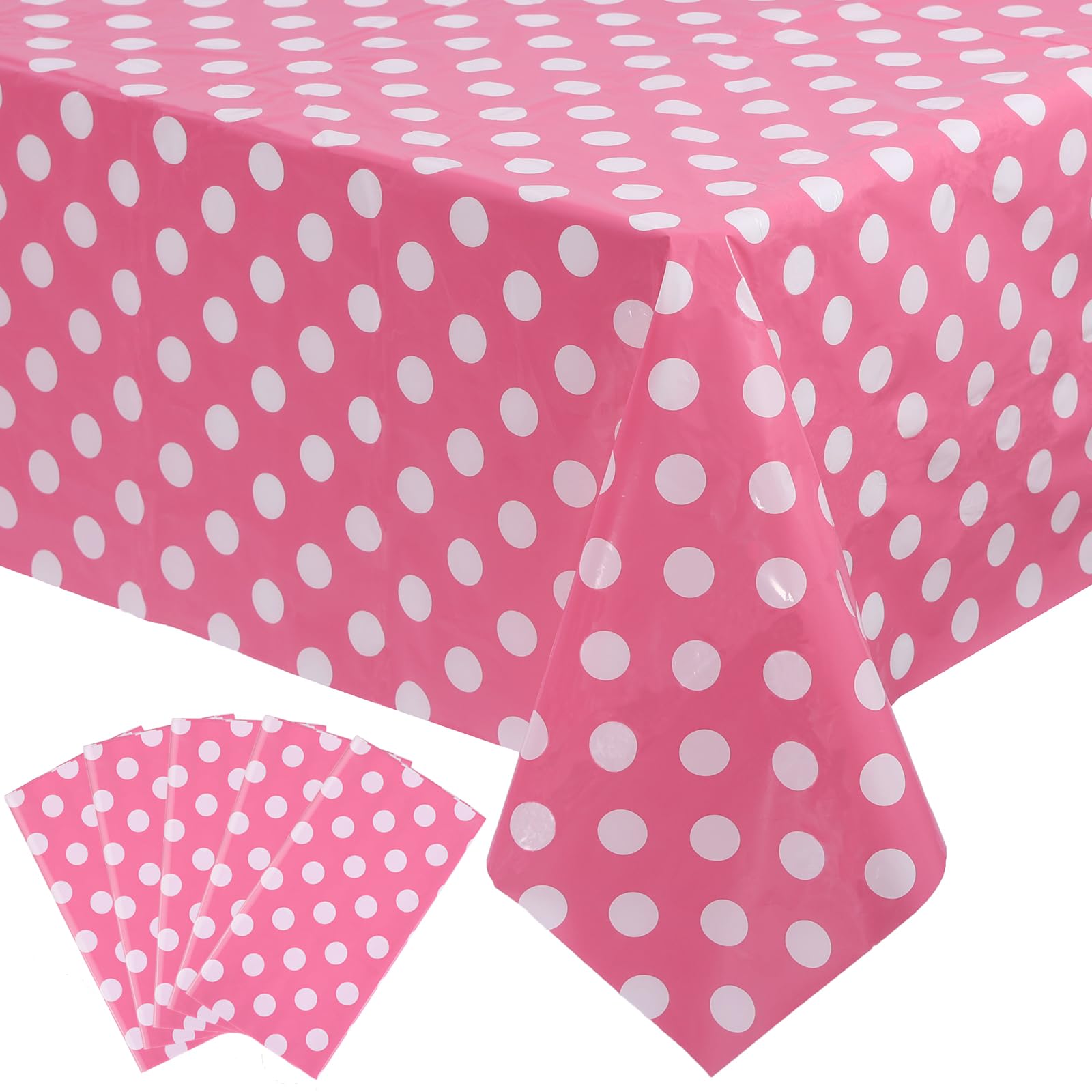 Kesfey 5 Packs Pink Polka Dot Tablecloth 54 x 108 Inch Minnie Mouse Table Cloths Pink and White Balloon Dots Minnie Theme Table Cover Disposable Plastic Rectangle Picnic Tablecovers for Birthday Party