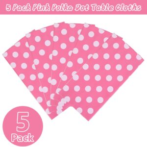 Kesfey 5 Packs Pink Polka Dot Tablecloth 54 x 108 Inch Minnie Mouse Table Cloths Pink and White Balloon Dots Minnie Theme Table Cover Disposable Plastic Rectangle Picnic Tablecovers for Birthday Party