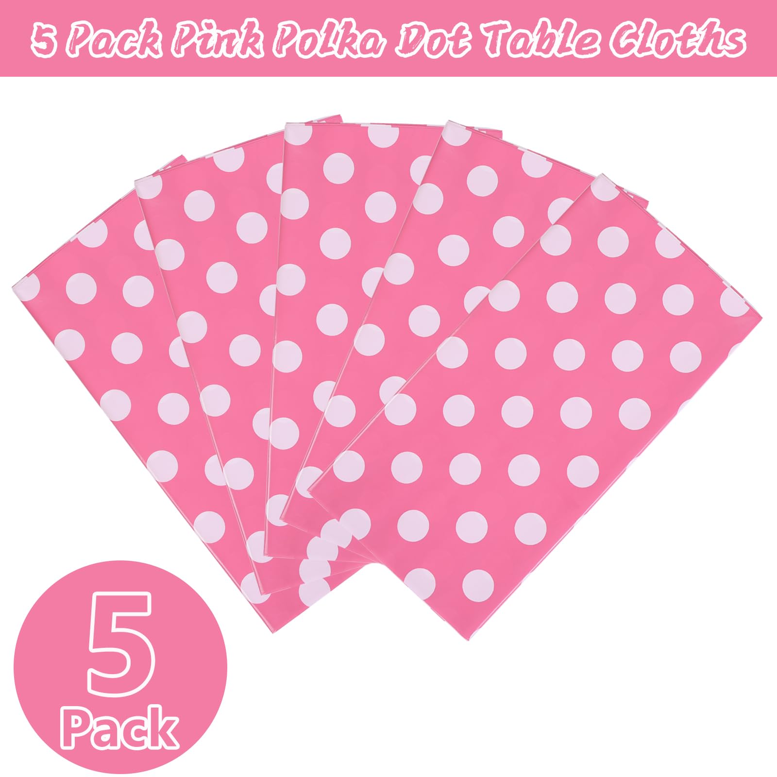 Kesfey 5 Packs Pink Polka Dot Tablecloth 54 x 108 Inch Minnie Mouse Table Cloths Pink and White Balloon Dots Minnie Theme Table Cover Disposable Plastic Rectangle Picnic Tablecovers for Birthday Party