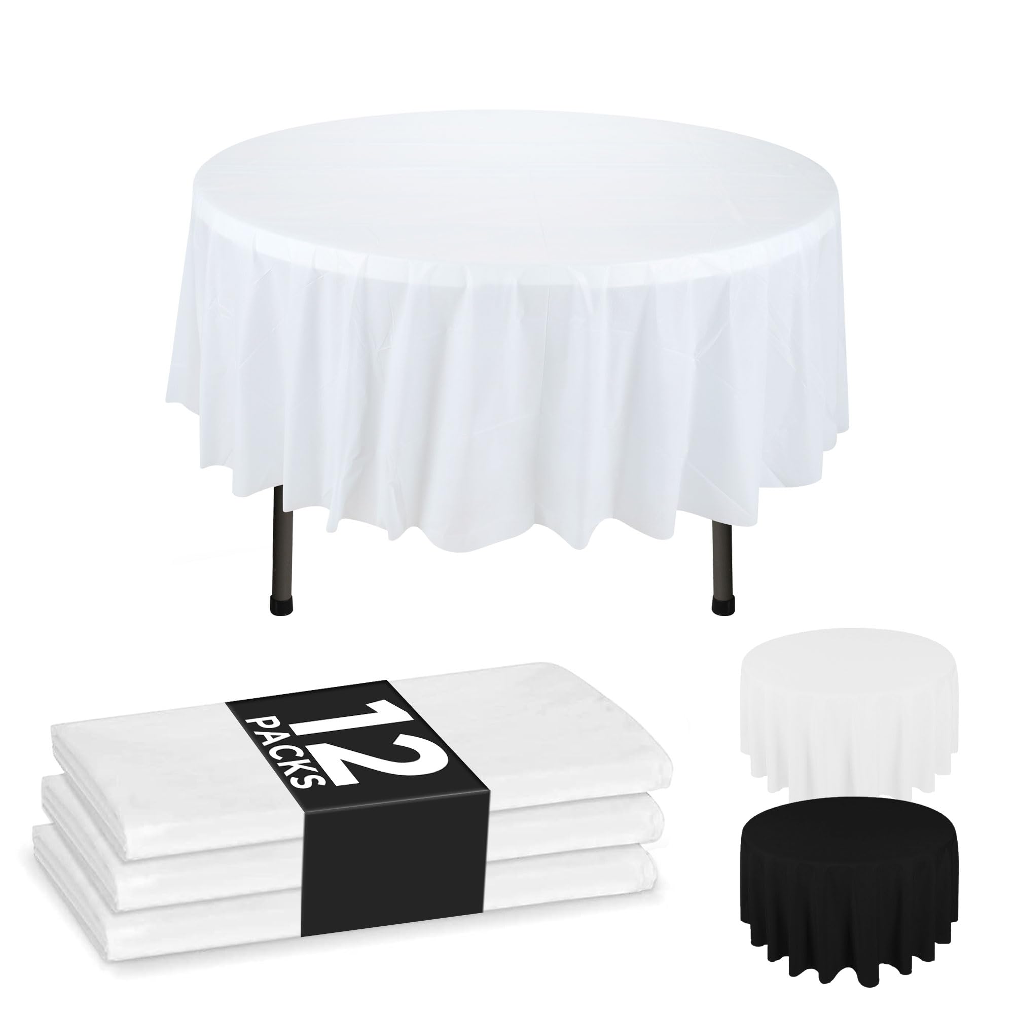 NORZEE Tablecloth, 12-Pack White Plastic Round 84", Disposable for Parties