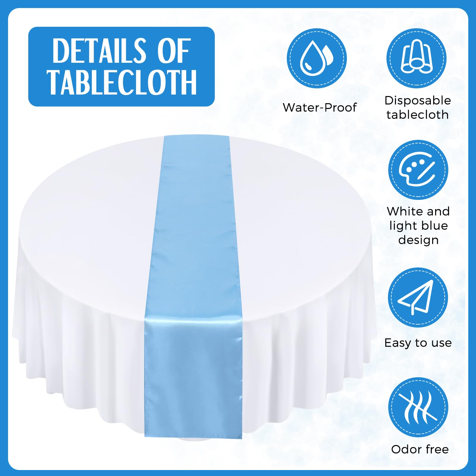 Tudomro 16 Pcs Round Plastic Tablecloth and 12 x 108 Satin Table Runner Set 84" Round Table Covers Circle Plastic Table Cloth for 4th of July Birthday Wedding Party Decoration(White, Light Blue)