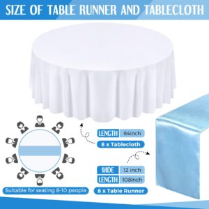 Tudomro 16 Pcs Round Plastic Tablecloth and 12 x 108 Satin Table Runner Set 84" Round Table Covers Circle Plastic Table Cloth for 4th of July Birthday Wedding Party Decoration(White, Light Blue)