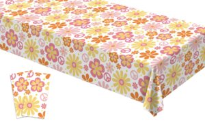 buxiuer groovy tablecloth retro hippie boho daisy birthday party decoration disposable plastic table cloth waterproof table cover dining room kitchen decor 54 x108 inch -pack of 2