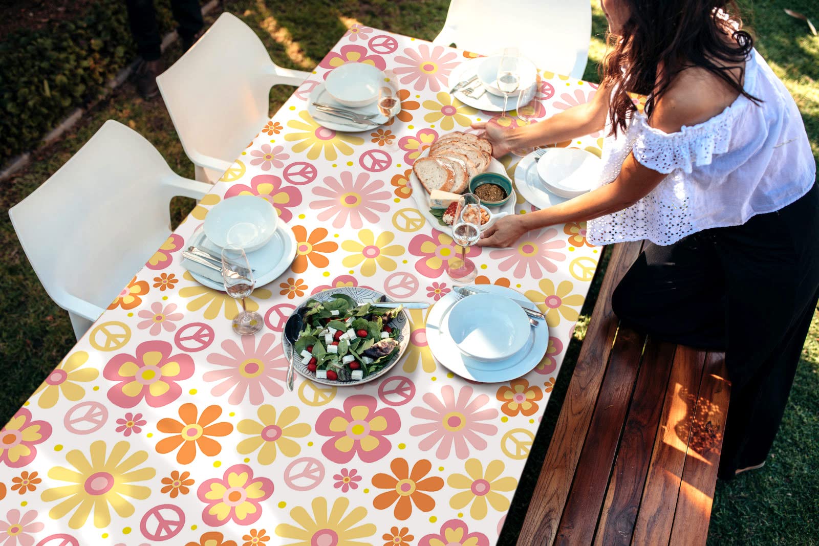 Buxiuer Groovy Tablecloth Retro Hippie Boho Daisy Birthday Party Decoration Disposable Plastic Table Cloth Waterproof Table Cover Dining Room Kitchen Decor 54 x108 Inch -Pack of 2